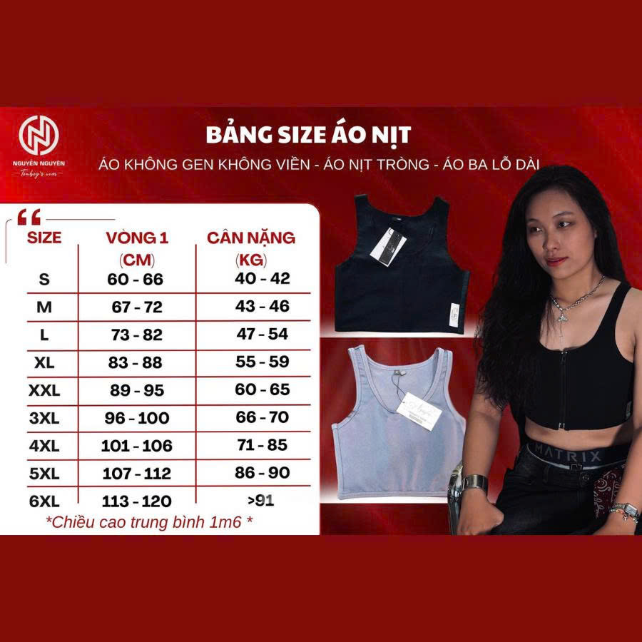 Bảng size áo nịt ngực ko viền ko gen và tròng - ba lỗ dài- áo nịt tròng